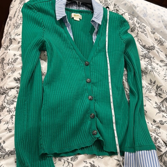 Maeve Green Ribbed Cardigan with Striped Collar - Picture 9 of 12